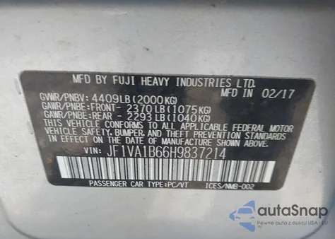 2017 Subaru Wrx из США, поврежденный, VIN JF1VA1B66H9837214